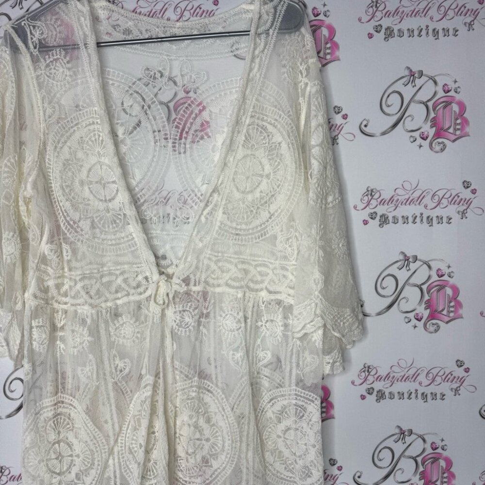 Cardigan Bohemian Lace Kimono Cardigan - White cream tie up ribbon belt ONESIZE - Picture 4 of 11